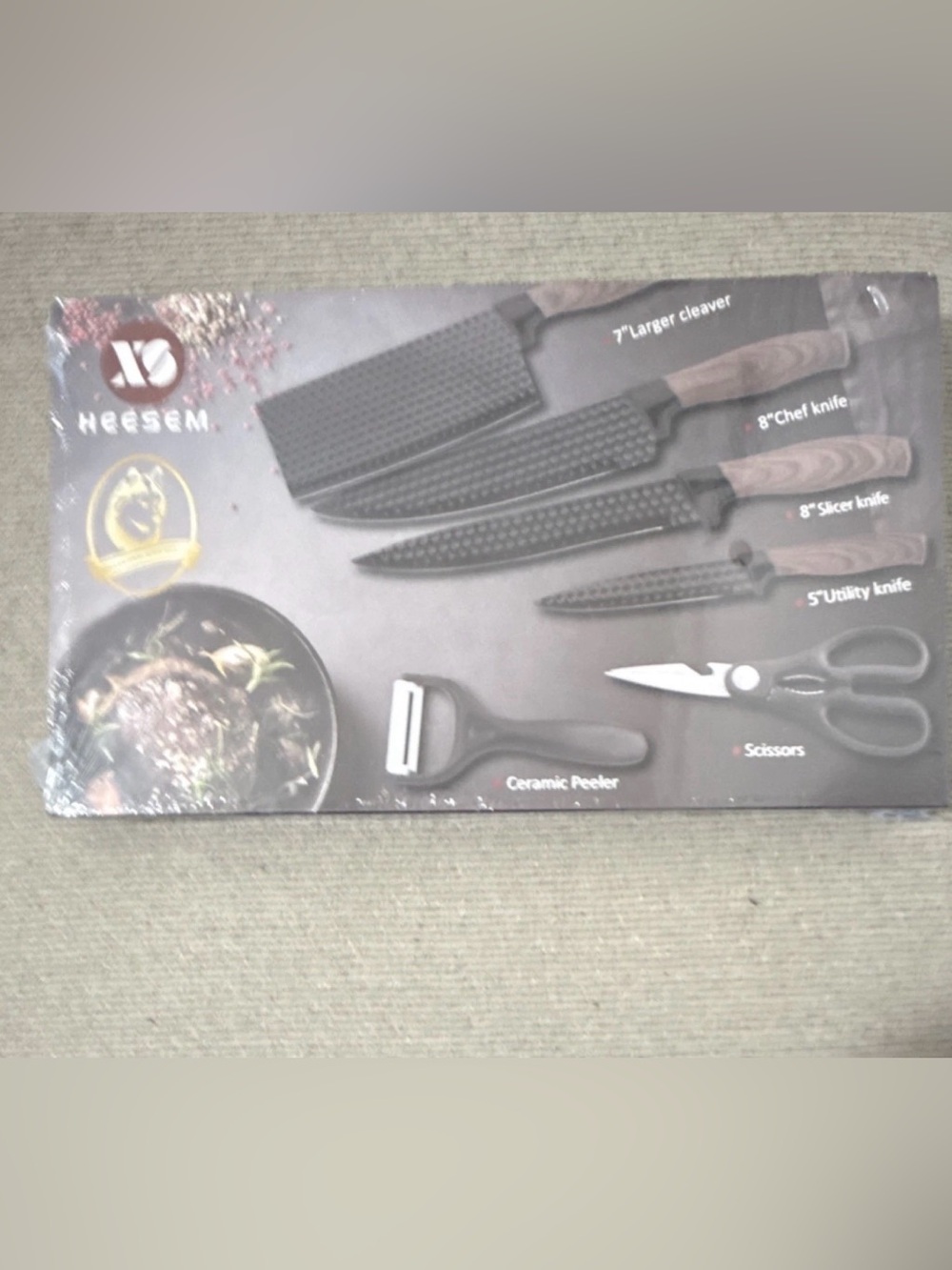 HEESEM Kitchen Knife Set 6pc Stainless Steel Wood Handle Cleaver Scissors